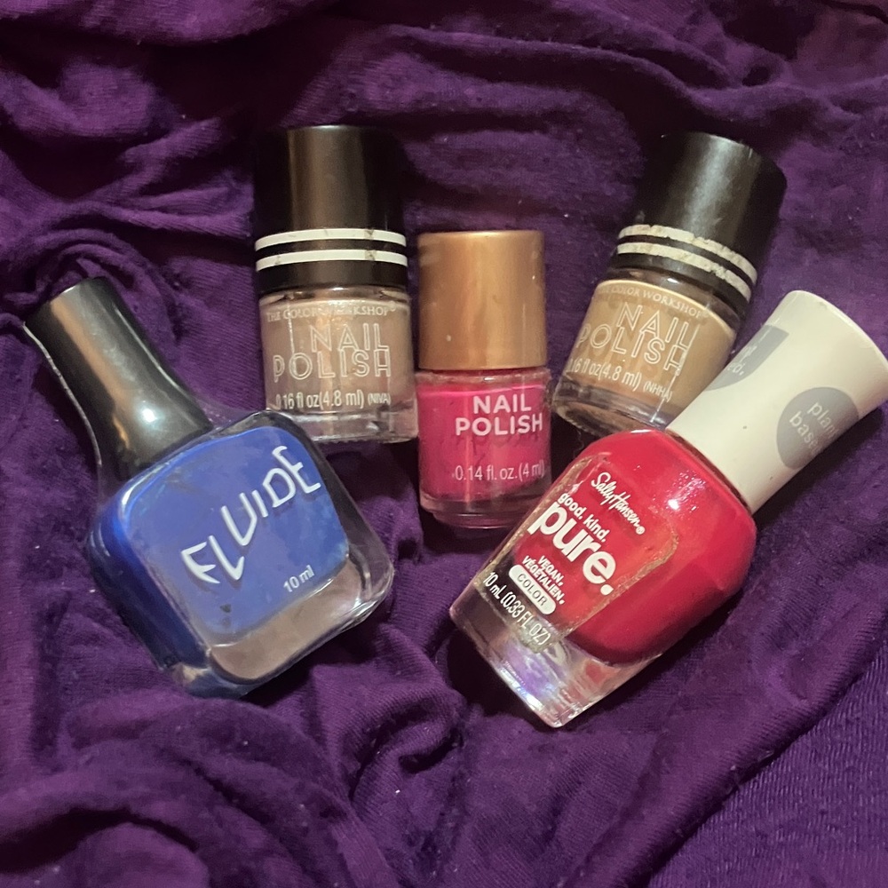 Assorted Nail Polish Set of five including pink blue and cream frost